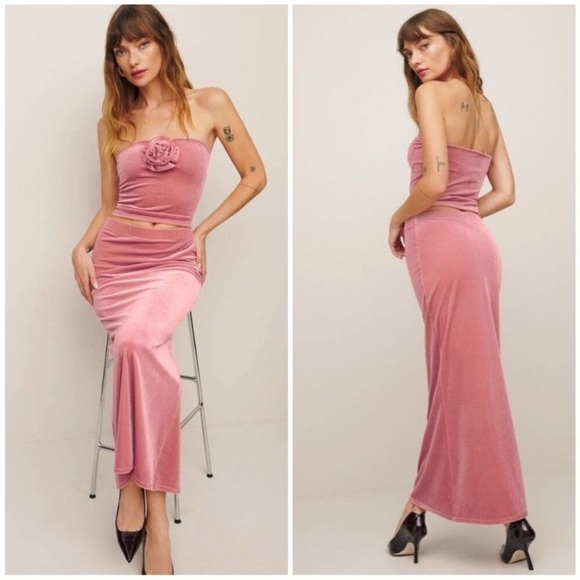 NEW Reformation Adalynn Two Piece Light Pink Velvet Skirt Set Size